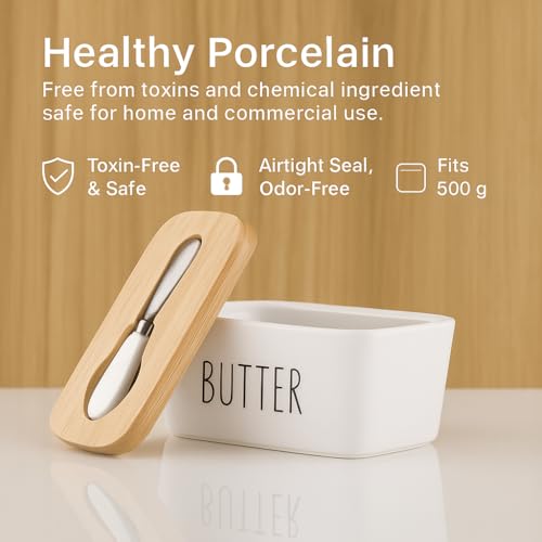 Image of Ceramic Butter Container with Wooden Lid & Butter Knife - Large Butter Dish for Kitchen Counter, Airtight Butter Keeper for Soft Butter, Elegant Ceramic Butter Box for Storage