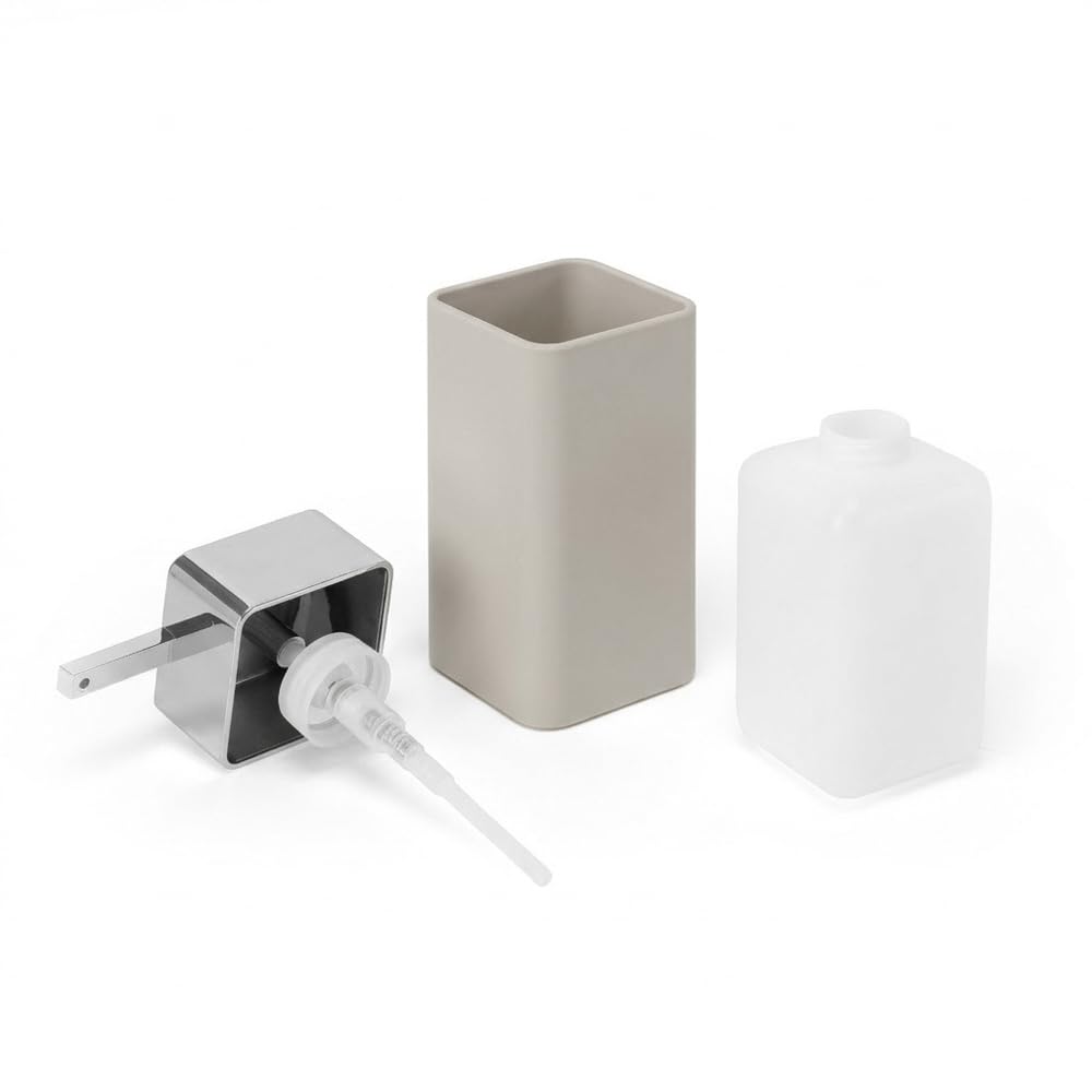 Set Accessori Bagno 4 Pezzi Beige E Cromo – Dispenser Sapone, Portaspazzolini, Portasapone E Porta scopino WC In Plastica – Linea Star