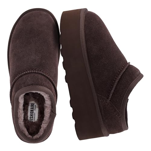 CUSHIONAIRE Huggy-2 Platform Slippers for Women, Cozy Genuine Suede Slip-On Ankle Boots for Indoor Outdoor Wear, Womens Slippers, CHOCOLATE 11W