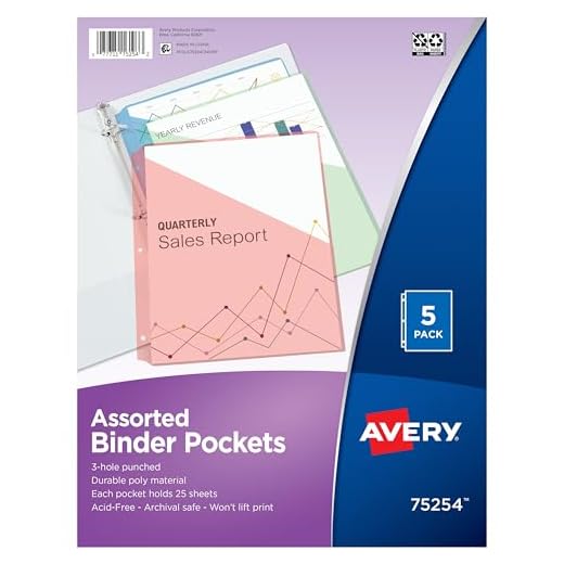 Avery Binder Pockets, Assorted Colors, 8.5" x 11", Acid-Free, Durable, 5 Slash Jackets (75254)