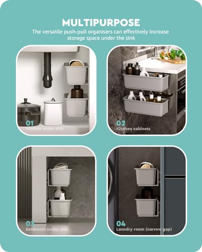 Baffect 2 pcs Sliding Basket Cabinet Organizer for Kitchen Bathroom, Pull Out Drawers Under Sink Cupboard Organisers Wall Mounted Sliding Storage Baskets for Spice Shower Pantry Supplies (Grey)