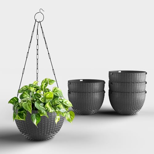 Image of YUCCABE ITALIA SHERA URO-Basket Plastic Flower Pot with Drainage Holes Round Planter Pot Suitable for Inddor Outdoor Kitchen (Grey, 6 INCH - 6 Pcs)