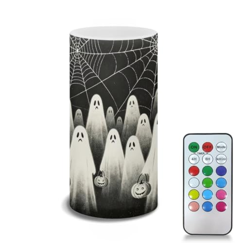 Image of Poceacles Flameless LED Candle Battery Powered Votive Lights Realistic Pillar Candle Decorative Tea Lights for Halloween Home Party Decor, Ghost Spider-Web Print Black Gray
