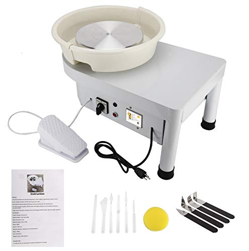 25CM 350W Table Top Pottery Wheel Electric Ceramic Work Forming Machine With Foot Pedal Removable Detachable ABS Basin 11pcs Clay Art Craft Shaping Tools (White)