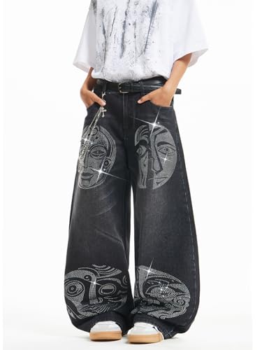 Image of DFGIGT Mens Baggy Jeans Wide Leg Denim Pants Y2k Loose Fit Streetwear | Hip Hop,Vintage 2000s,Jinco Jeans,Straight Leg,5 Pockets