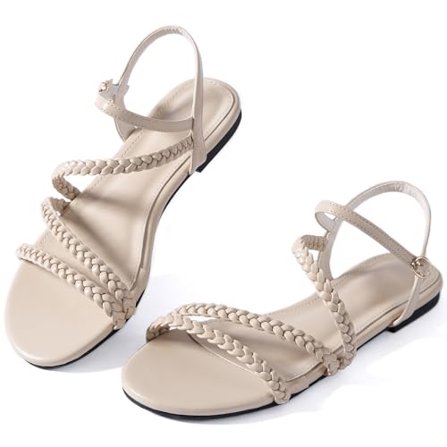 Image of Mtzyoa Women Flat Sandals Dressy Strappy Gladiator Summer Ankle Strap Nude Open Toe Comfortable Wedding Casual Leather Ladies Party Trendy Vacation