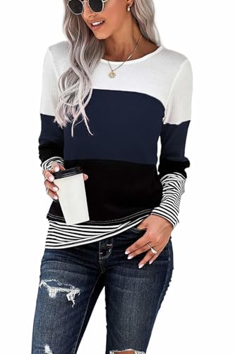 Image of SMENG t Shirts for Women UK Autumn Long Sleeve Jumper Patchwork Crew Neck Colour Block Sweatshirts Quality Striped Pullover Navy Size(UK18-20)