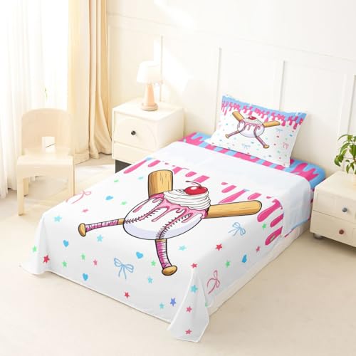 Image of Castle Fairy Baseball Cream Bed Sheets Twin Size,Ball Gaming Sweet Bowknot Easy Wash Bedding Set,Cute Sport Style Kids Room Decor,Pink Bule White Sheet(Fitted+Flat+1 Pillowcase)