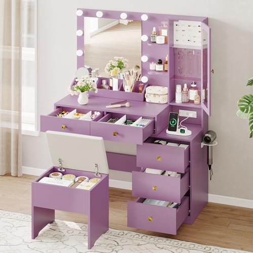 Image of Vanity Desk with Mirror and Lights, Purple Makeup Vanity with 5 Drawers Hidden Jewelry Organizer& LED Glass Cabinet,3 Light Mode and Brightness Adjusted,Vanities Mirror with Lights Desk and Chair