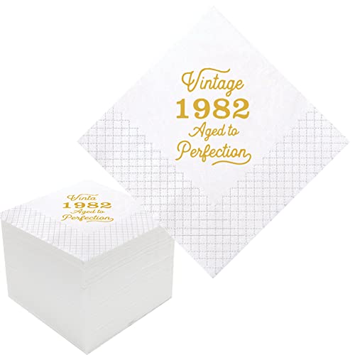 Geloar Vintage 1982 40. Geburtstag, Cocktail-Servietten, 100 Stück, goldfarben, Vintage 1982, 40. Geburtstag, Papierservietten, für Sie vierzig 40. Geburtstag, 2-lagig, 12,7 x 12,7 cm (Vintage 19 cm) Cover