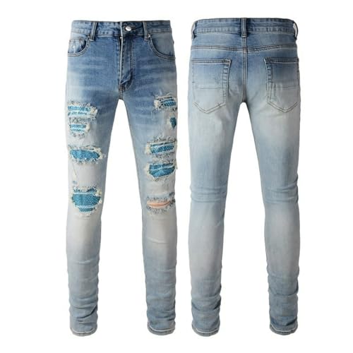 Jeans Pants Trousers Denim Men Trendy Personalized Stretch Slim Fit Washed Blue Grinding Fading Zircon Shining Patches Worn Hole Casual(Blue,31)4