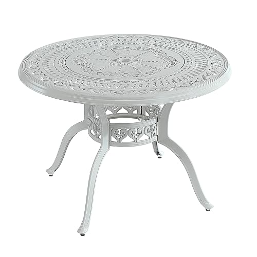 MONDAWE 39" Cast Aluminum Round Dining Table with Umbrella Hole, All Weather-Resistant Patio Dining Table for Lawn Garden Backyard, White