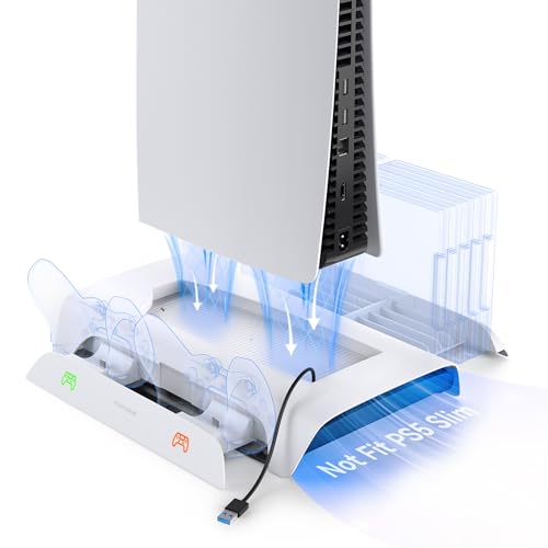 KIWIHOME PS5 Cooling Station with RGB, PS5 Vertical Stand with Suction Cooling Fan and Auto-Speed, PS5 Accessories for PS5 Console with Dual Controller Charging Station, 3 USB Hubs, 10 Games Storage