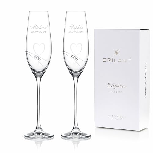 Brilant Essence of Love Sektgläser mit Gravur - Personalisierte Sektgläser Personalisierte Hochzeitsgeschenke für Brautpaar Modernes Champagner Gläser Set mit Namens & Datumsgravur - 2er Set 210 ml