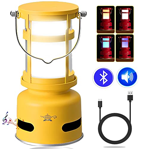 LED Campinglampe mit Bluetooth Lautsprecher, IPX4 Wasserdicht Dustproof, 4000 mAh Akku USB C Aufladbar Camping Lampen mit Griff für Wandern, Camping, Angeln, SOS(Gelb) Cover