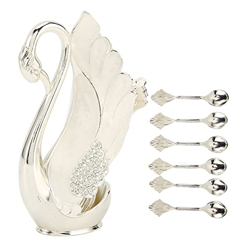 Coffee Spoon Holder Set - Alloy Swan Base Organizer With 6pcs Modern Ice Cream Teaspoons, Dessert Flatware