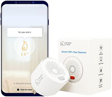 Smarter Living– Smart WiFi Gas Detector (Natural Gas, Propane, and Other Flammable Gases), Loud 70dB Alarm, Phone Notifications, No Hub Required, Reliable Sensor, Modern White Status LED