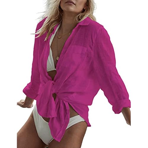 Bsubseach Women Long Sleeve Beach Shirt Blouses Bathing Suit Cover Up Button Down Collar G-purple