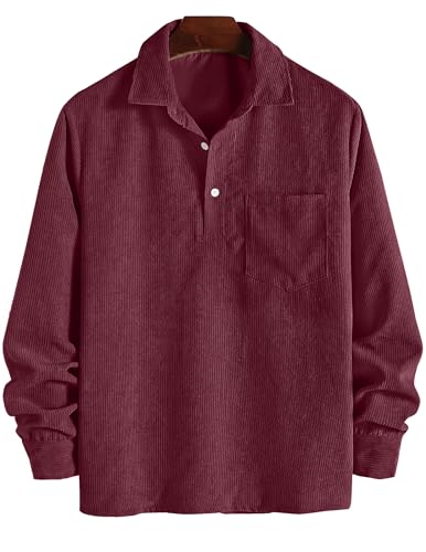 ZAFUL Long Sleeve Corduroy Shirt for Men with Pocket Button Up Shirt Casual Work Formal Shirt Dark Red XXL