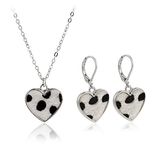 Pingyongchang 2pcs Silver Plated Cow Print Furs Necklace and Earring Cute Short Choker Fashion Simple Heart Pendant Necklaces for Women Girls Kids
