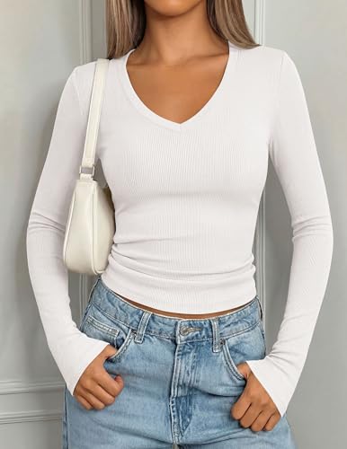 PRETTYGARDEN Womens Long Sleeve Ribbed V Neck Knit Shirts(White,L) — view 4