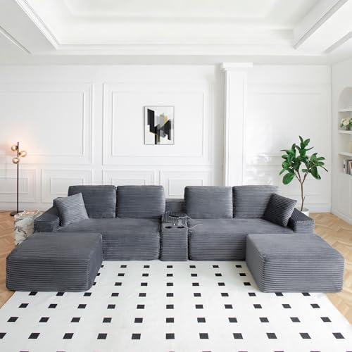 125” Oversized Modular Sectional Sofa, Deep Seat Corduroy Cloud C...