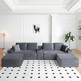 125” Oversized Modular Sectional Sofa, Deep Seat Corduroy Cloud Couch with Cup...