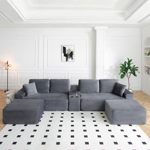 125” Oversized Modular Sectional Sofa, Deep Seat Corduroy Cloud Couch with Cup Holders, USB Ports & Storage Box, Sleeper Sofa Couch Boneless Couches for Living Room, No Assembly Required (Grey)