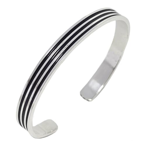 Men's Solid 925 Sterling Silver Bangle, Triple Enamel Lines Silver Cuff Bracelet for Men
