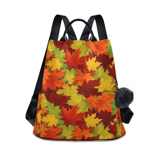 Mochila antirrobo mujer bolso viaje estampado hojas otoño pompón rojo