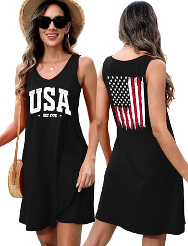 Image of LHBNK 4th of July Dress for Women: American Flag Tank Dresses Star Striped Splicing Loose V Neck Sundresses