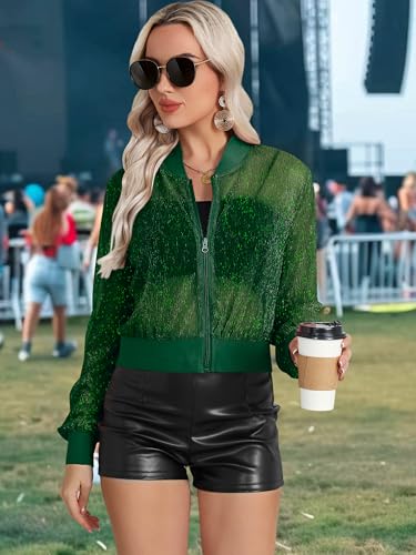 Nlife Women Sheer Mesh Sparkly Crop Bomber Jacket See Thru Glitter Rave Festival Clubwear Night Out Party Concert Outfit