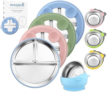 Bakpoco 9" Stainless Steel Toddler Plate with Removable Suction 4-Pack Blue Green Gray Pink, 2-in-1 SUS304 Toddlers Bowl & Removable Silicone Suction Kids Bowls 4 Vibrant Color Set