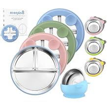 Bakpoco 9" Stainless Steel Toddler Plate with Removable Suction 4-Pack Blue Green Gray Pink, 2-in-1 SUS304 Toddlers Bowl & Removable Silicone Suction Kids Bowls 4 Vibrant Color Set