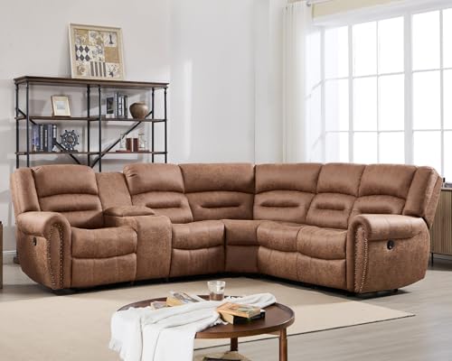 CANMOV Power Reclining Sectional Sofa for Living Room,Faux Leather L Shape Recliner Corner Sectional Couch Set with 2 Recliner Seats,Cup Holder,Storage Console,USB Port,(Nut Brown,Sectional)