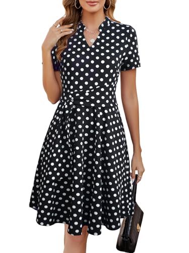 Mokayee Womens Summer Short Sleeve V Neck Fit and Flare A Line Business Casual Wedding Guest Work Dresses with Pockets