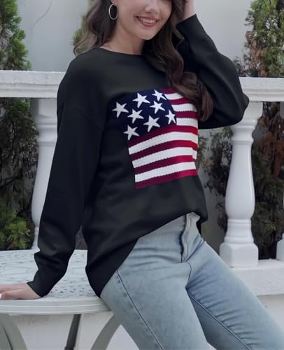 Image of Dressmine Womens American Flag Knit Sweater Crew Neck Long Sleeve Pullover | Casual Loose Graphic Outfits, Fall Sweatshirts, Trendy Clothes, Cute Patriotic Shirt, 2026 Cozy Elasticity Winter Tops