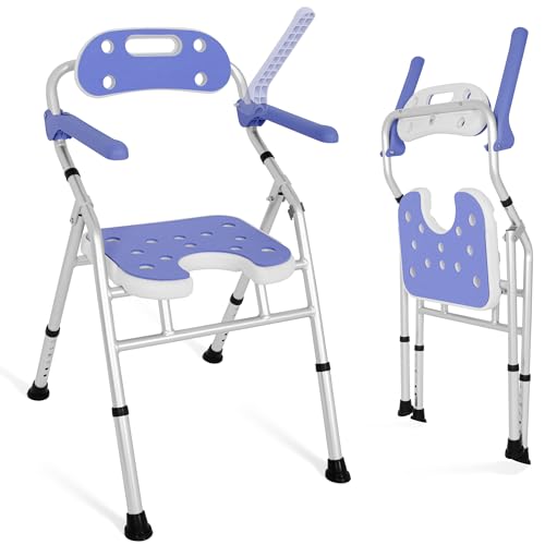 IBVIVIC Silla de ducha plegable con respaldo y reposabrazos, silla de ducha y baño para duchas y baños, altura ajustable antideslizante, 52T x 55B x 84H cm, Blanco