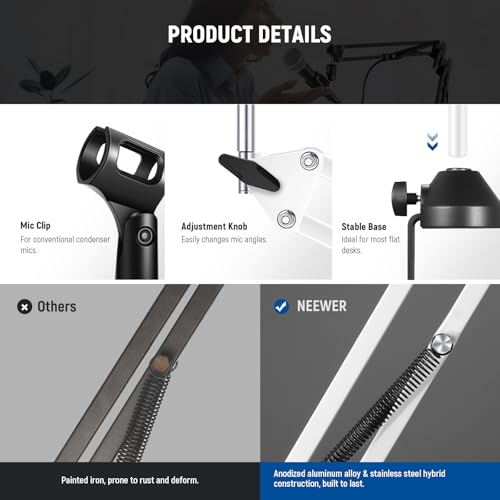 Image of NEEWER Suspension Boom Arm Scissor Mic Stand, Microphone Arm Desk Stand with 3 /8 inch to 5 /8 inch Screw, Cable Ties Compatible with Blue Yeti Snowball Yeti X Quadcast, Max Load 3.3lb /1.5kg, NW-35, White