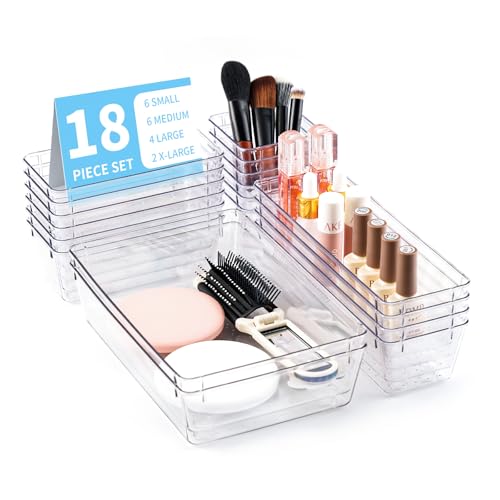 SKY-TOUCH 18PACK Clear Plastic Drawer Organizer Drawer Organizer Trays Desk Drawer Organizer Trays 4 Size Large Storage Organizer Divider Set for Fridge Organizer Bathroom Vanity Storage Bins Office