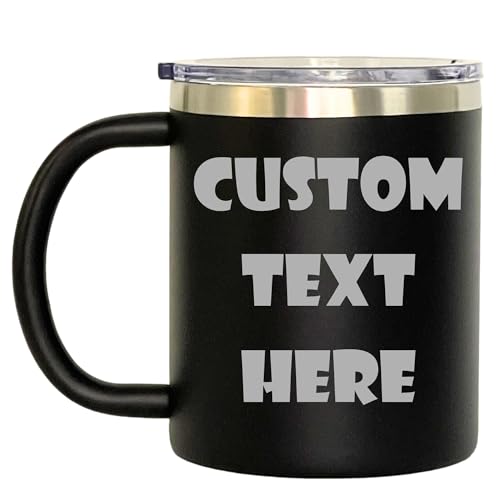 OEZZO Customized Stainless Steel Coffee Mugs, Personalized Mug with Names or Logos, Upgraded Slider Lid, Engraved in the USA (12oz, Black)