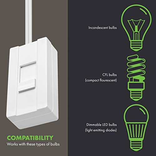 Topgreener Table-Top Plug In Dimmer For Table Or Floor Lamps, Slide Control, Works With 360 Watt Incandescent And 150 Watt Dimmable Cfl/Led, Off At Lowest Dim, 6Ft Cord, Tgttdl300-W, White, 2 Pack #TOP2