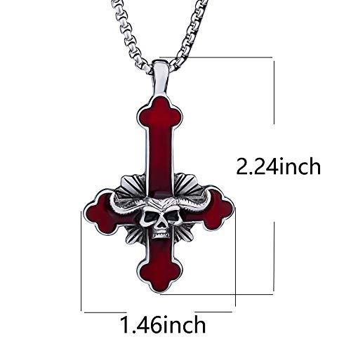 Elfasio Stainless Steel Inverted Cross Necklace For Men Women Red The Devil's Cross Satanic Upside Down Cross Pendant Chain Gothic Skull Jewelry 20" #TOP1