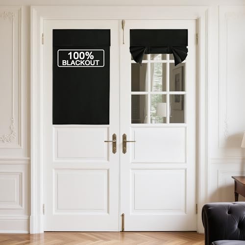 NICETOWN 100% Linen Blackout French Door Curtains, Privacy Door Window Curtains, 26 X 40 Inch Long Room Darkening Blinds, Thermal Insulated Tie Up Sha