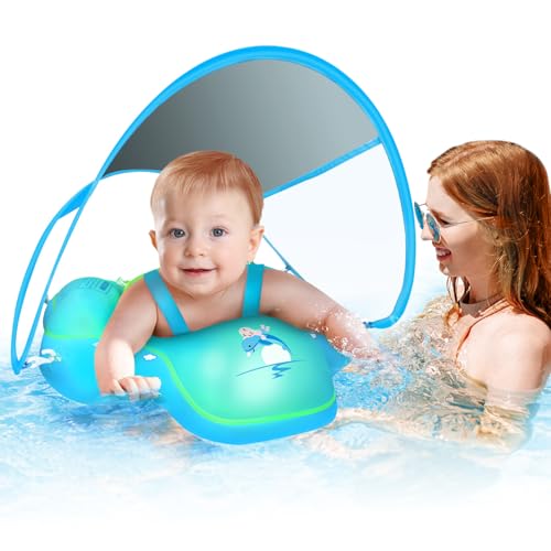 Baby Swimming Float, Baby Pool Float with Sun Canopy UPF50+, Baby Swimming Ring with Adjustable Safety Seat, Inflatable Baby Swim Float for 3-36 Month L