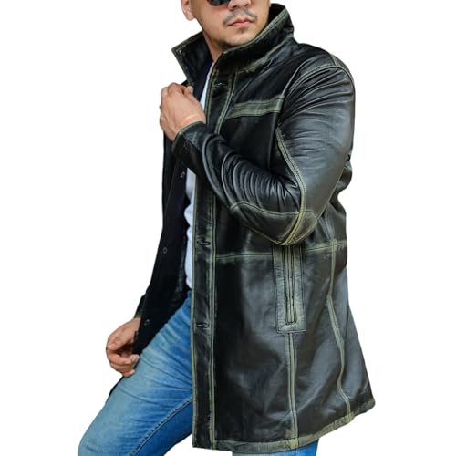 Jild Leather Trench Coat Men - 3/4 Length Casual Car Coat Style Lambskin Long Leather Jacket Men