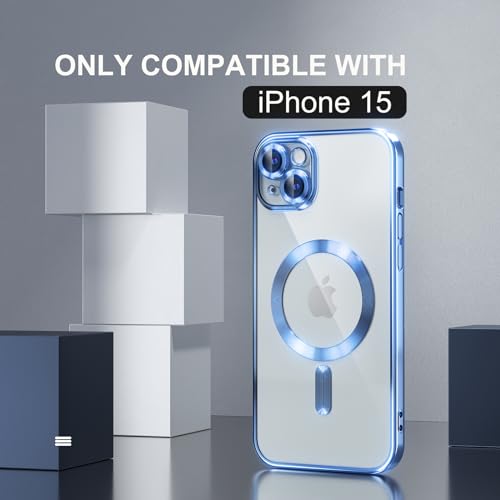 Image of Misea Magnetic for iPhone 15 Case Compatible with MagSafe Light Blue | [Never Yellowing] [Military Drop Protection] Full Camera Lens Protector Plating Soft Clear Phone Case for Women, Sierra Blue