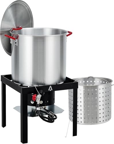 LALFPET 80Qt Aluminum Seafood Boil Pot,11,0000 BTU Outdoor Seafood Boil Kit, Seafood Boil Pot with Strainer Basket, Propane Stove Burner for Outdoor Cooking Seafood Crawfish, Crab, Shrimp