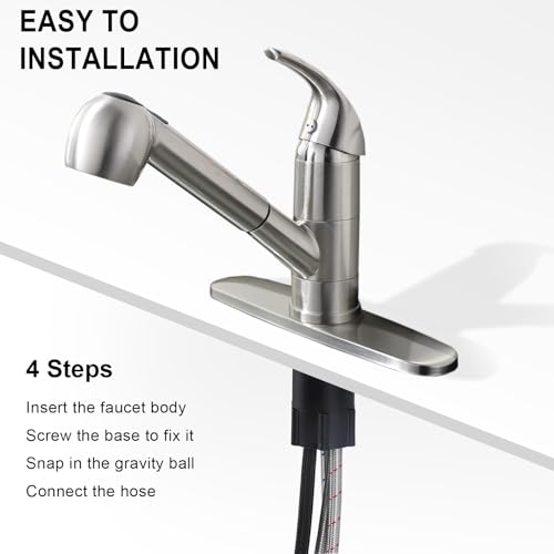 UFAUCET Kitchen Faucet with Pull Out Sprayer, Low Profile Stainless Steel Single Handle Brushed Nikcel Utility Laundry Sink Faucet 1 or 3 Hole Grifo De Cocina
