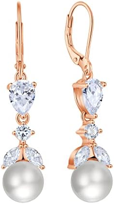 FATACI Women Bridal Wedding Earrings Rose Gold Plated Mother of Pearl Dangle & Drop Earrings with 5A Cubic Zirconia for Brides Bridesmaids Proms Jewerly Gifts